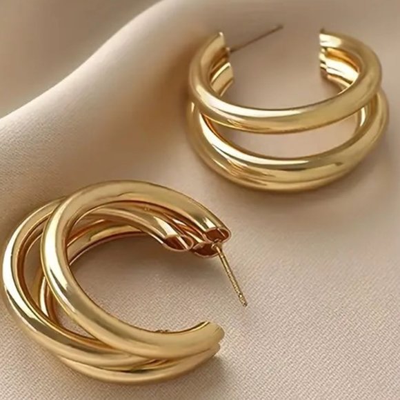 Earrings Triple Hoop Gold Glam Classy Stylish Minimalist Trendy Simple Sexy New - Picture 4 of 7